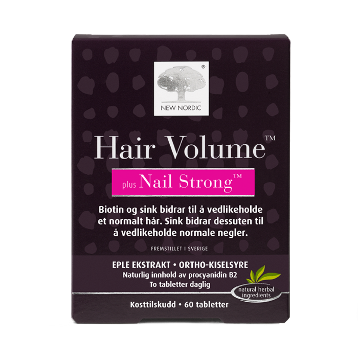 En eske med New Nordics kosttilskudd for hår og negler, Hair Volume plus Nail Strong. NO